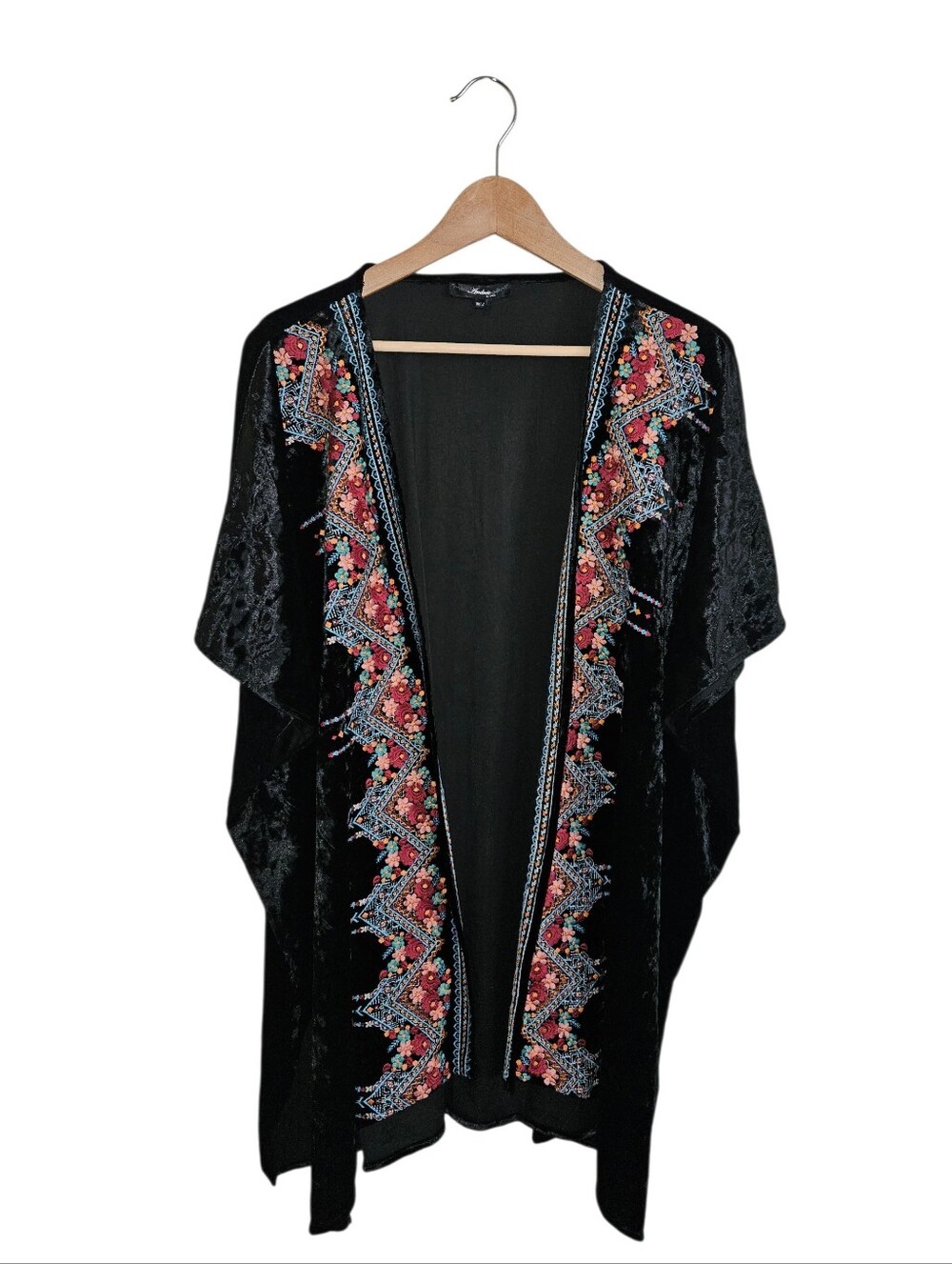 Women's Black Crushed Velvet Floral Embroidered Open Front Kimono Cardigan M/L